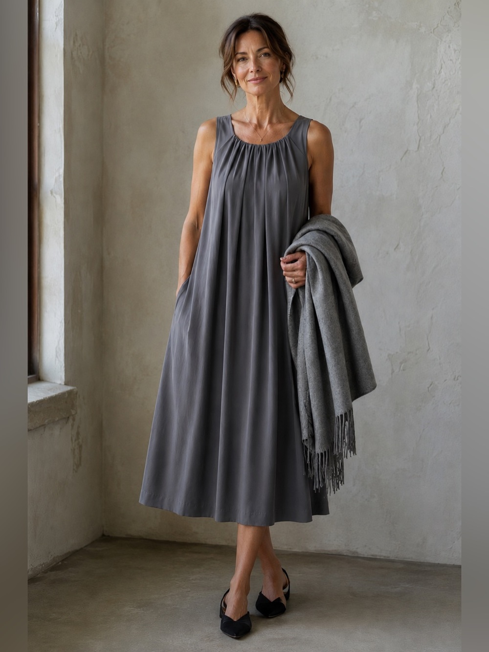 Eileen Fisher 100% Silk Charcoal Grey Draped Midi Dress M Bemberg Lined